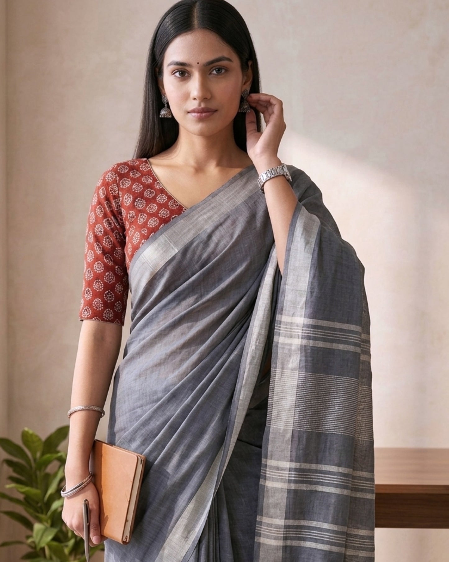 Grey Pure Linen Saree With Handblock Printed Blouse Piece