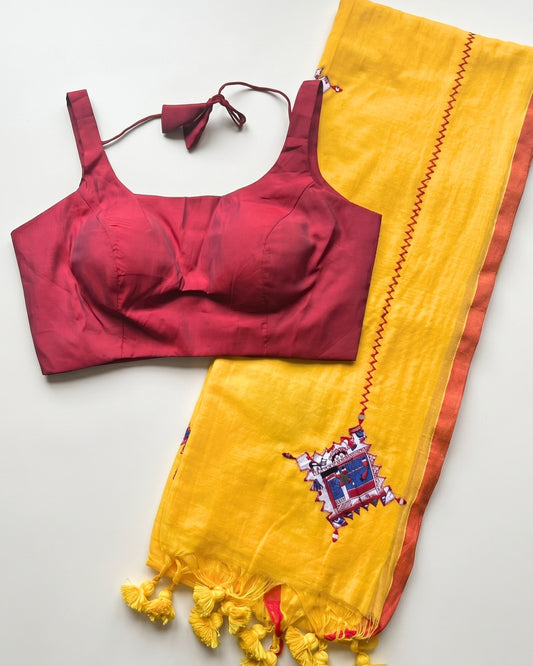 Haldi Yellow Patchwork Handloom Cotton Saree + Red Satin Blouse Combo