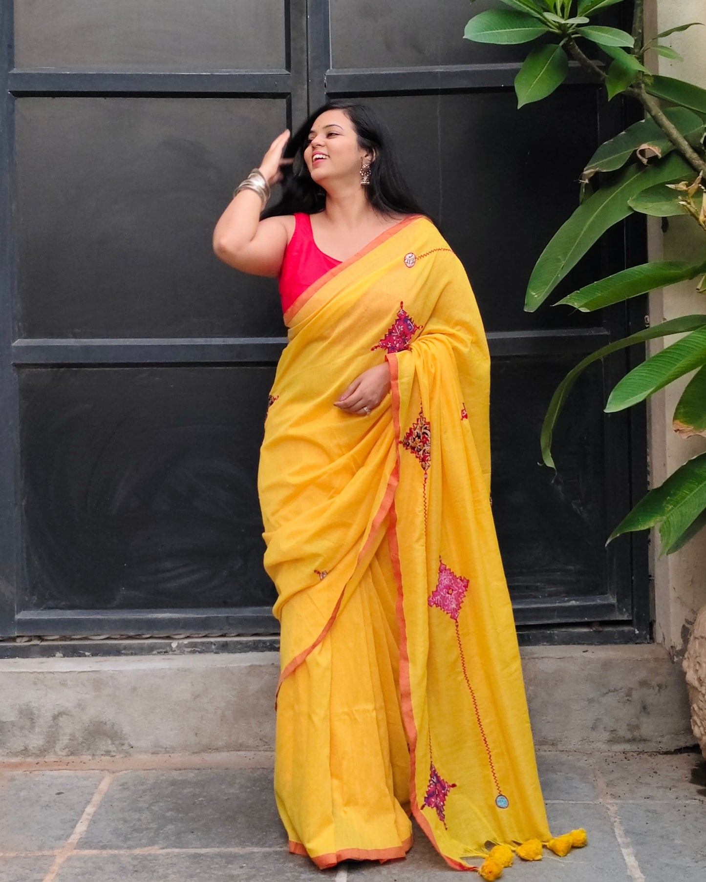 Haldi Yellow Patchwork Handloom Cotton Saree + Red Satin Blouse Combo