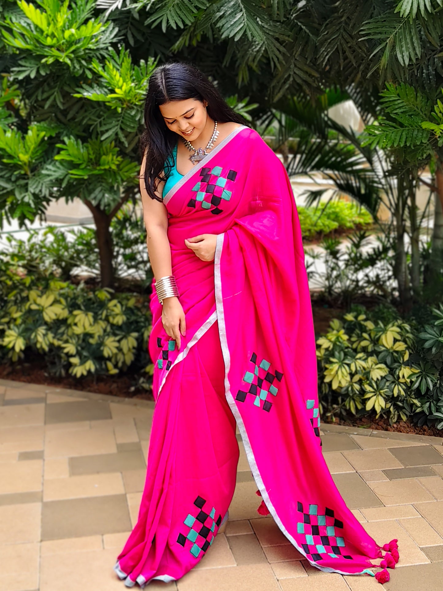 Rani Pink Patchwork Soft Cotton Saree