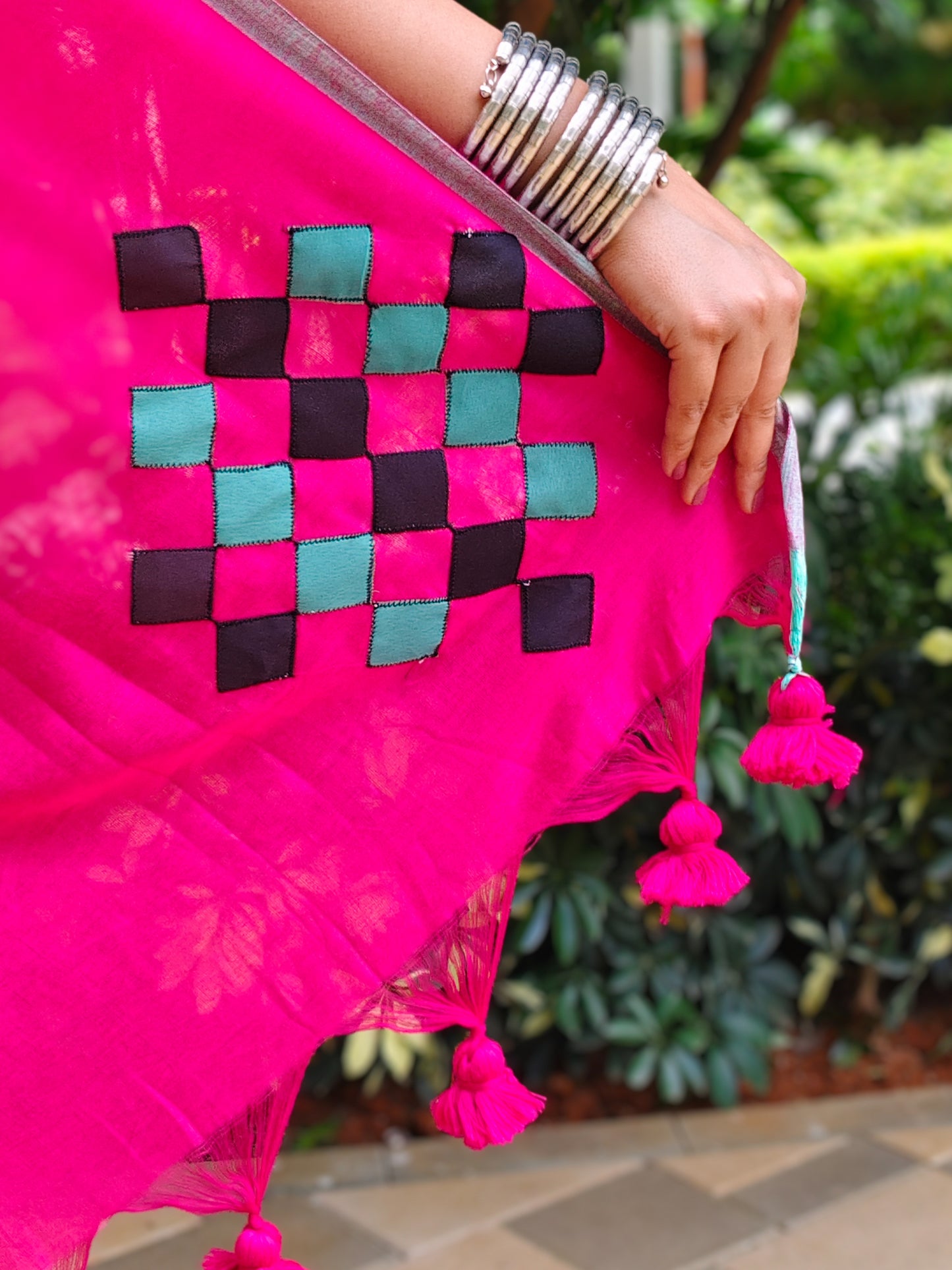 Rani Pink Patchwork Soft Cotton Saree