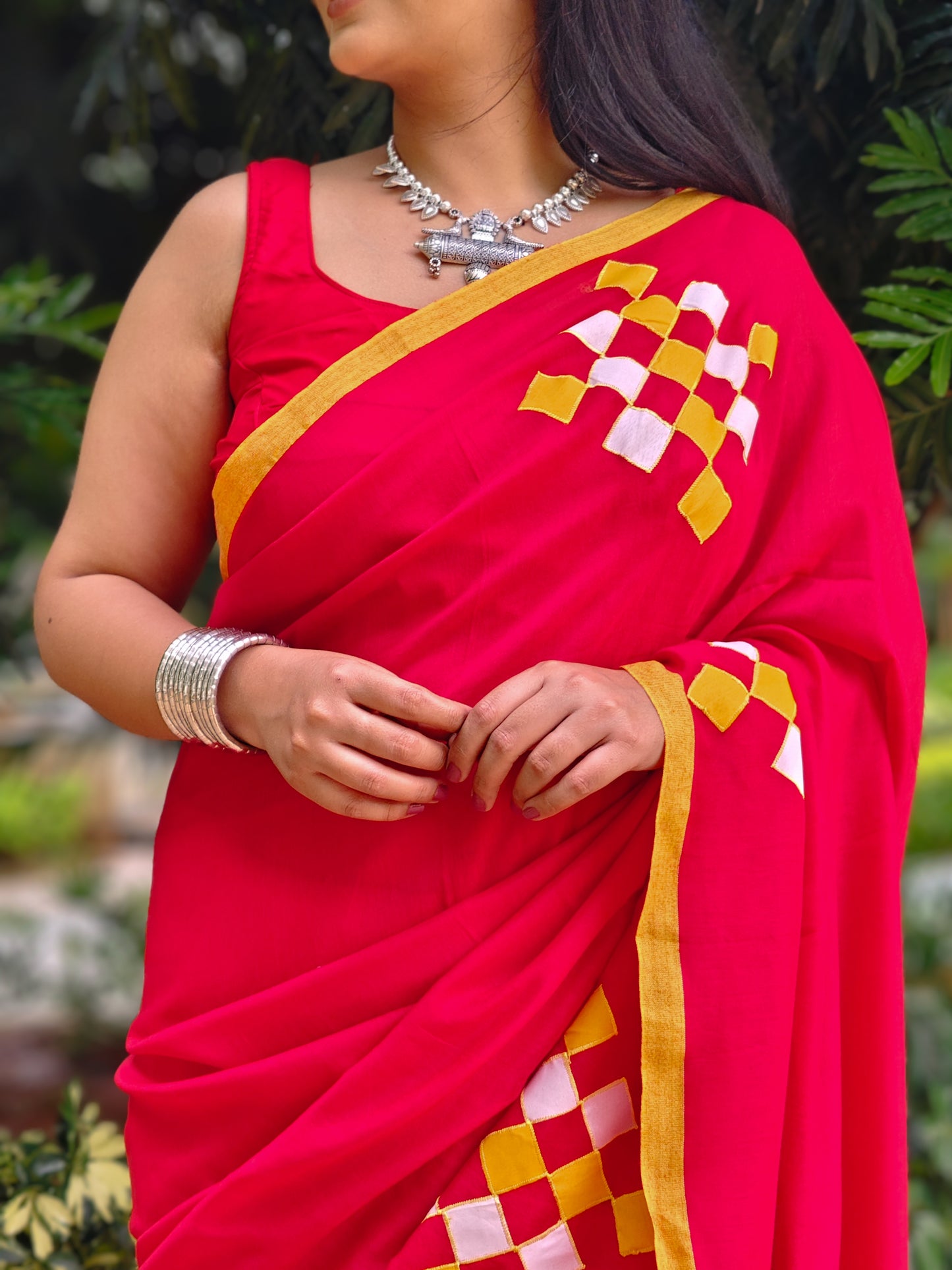 Laal Patchwork Soft Cotton Saree