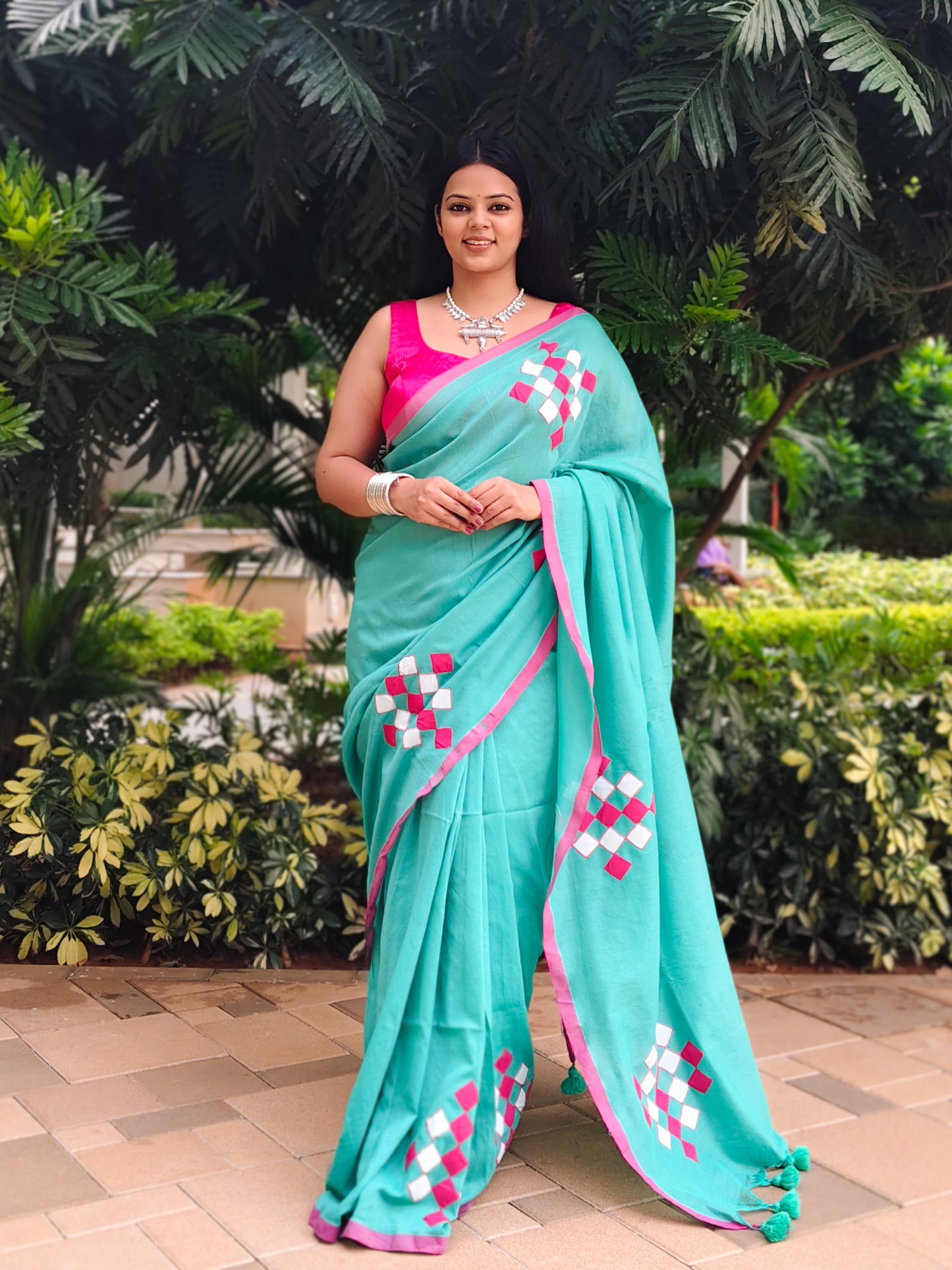 Teal Patchwork Soft Cotton Saree