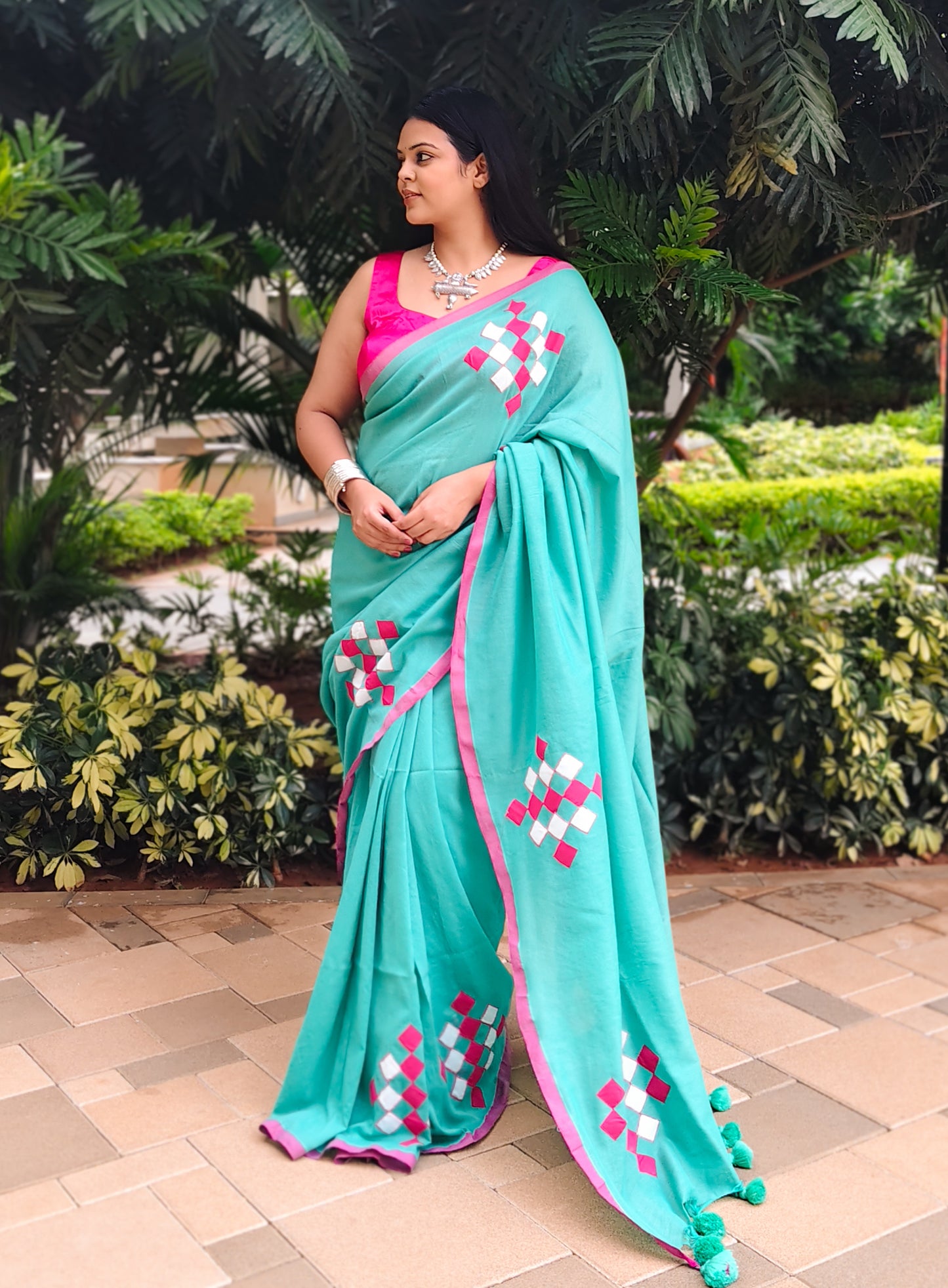 Teal Patchwork Soft Cotton Saree