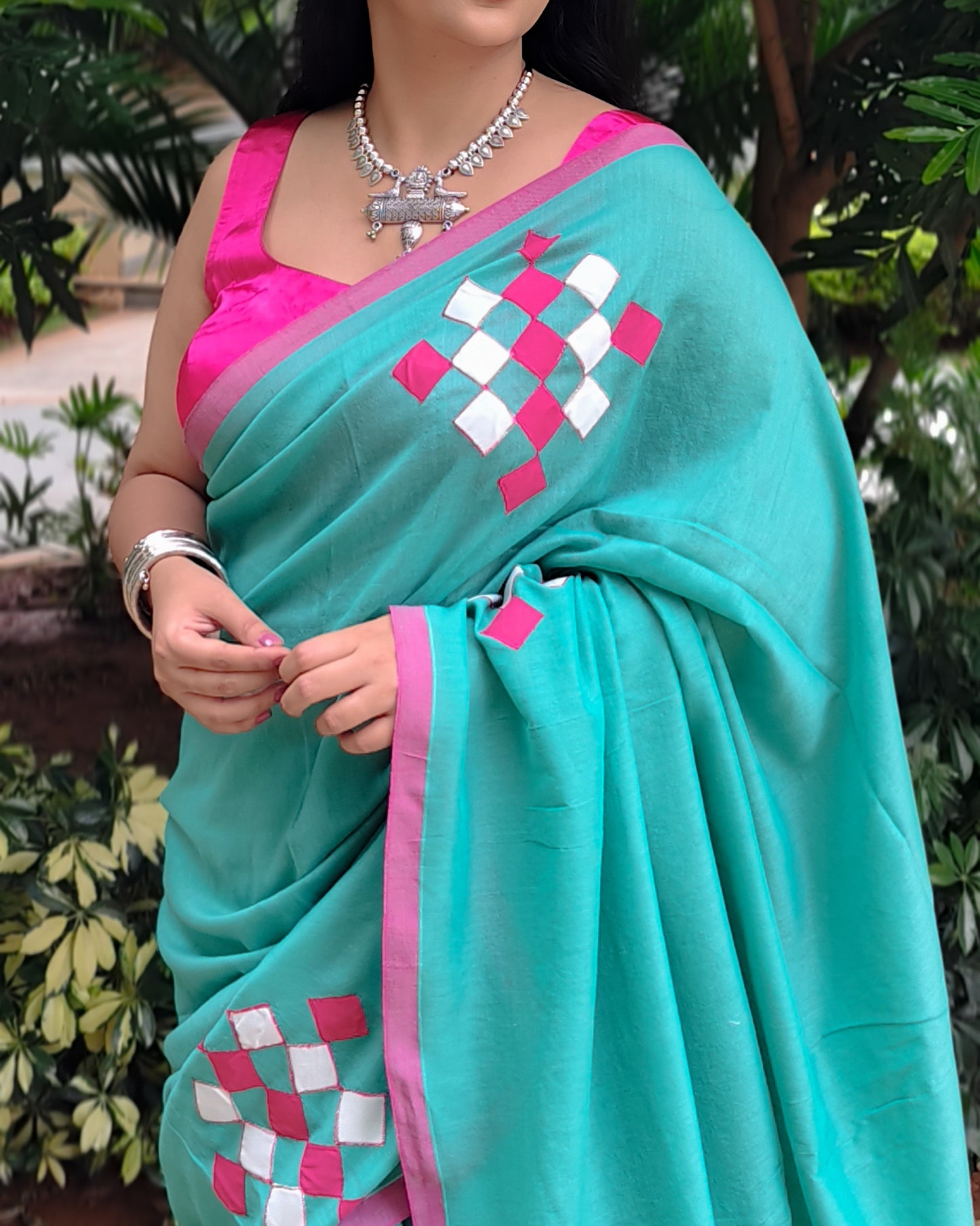 Teal Patchwork Soft Cotton Saree