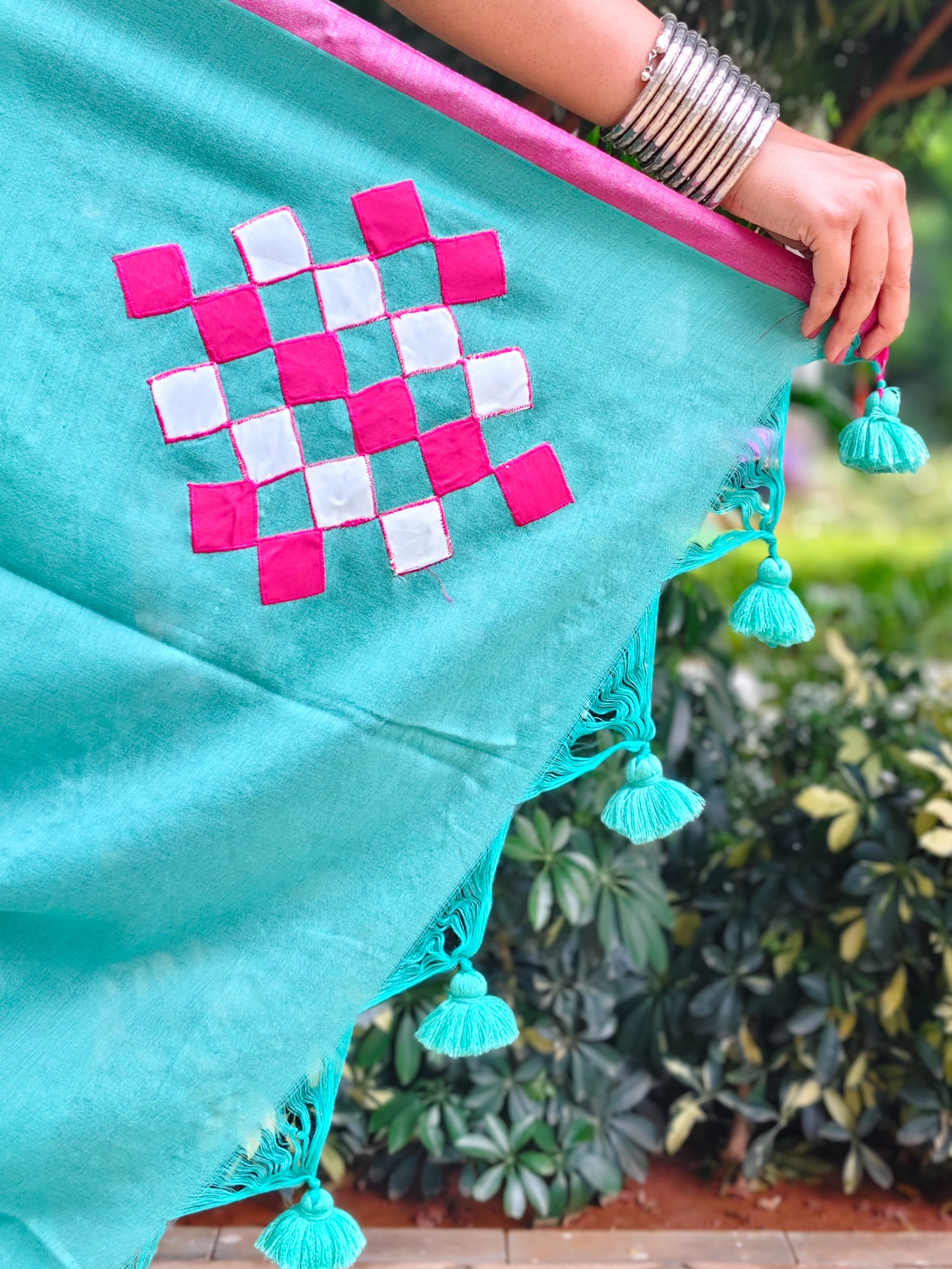 Teal Patchwork Soft Cotton Saree