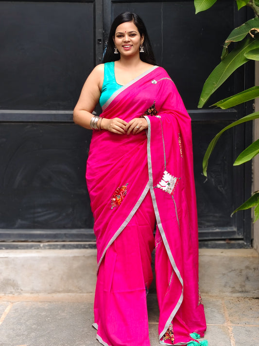 Rani Pink Printed Patchwork Soft Cotton Saree