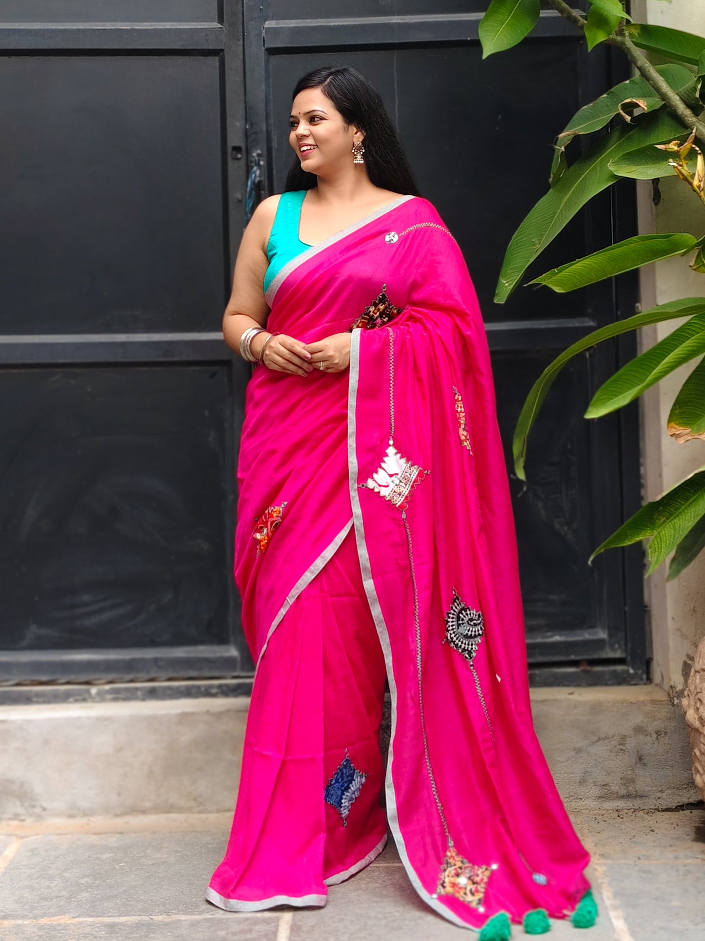 Rani Pink Printed Patchwork Soft Cotton Saree