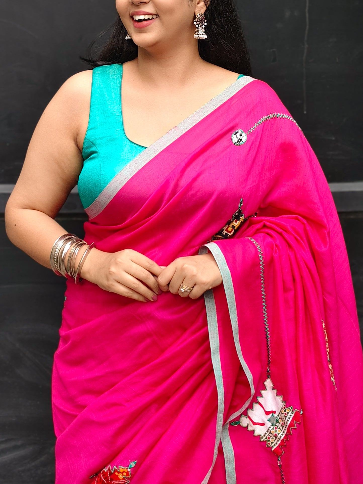 Rani Pink Printed Patchwork Soft Cotton Saree