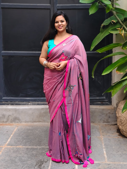 Mauve Dual Tone Printed Patchwork Soft Cotton Saree