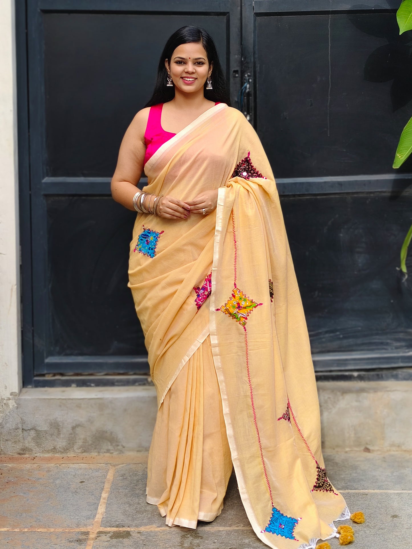 Beige Printed Patchwork Soft Cotton Saree