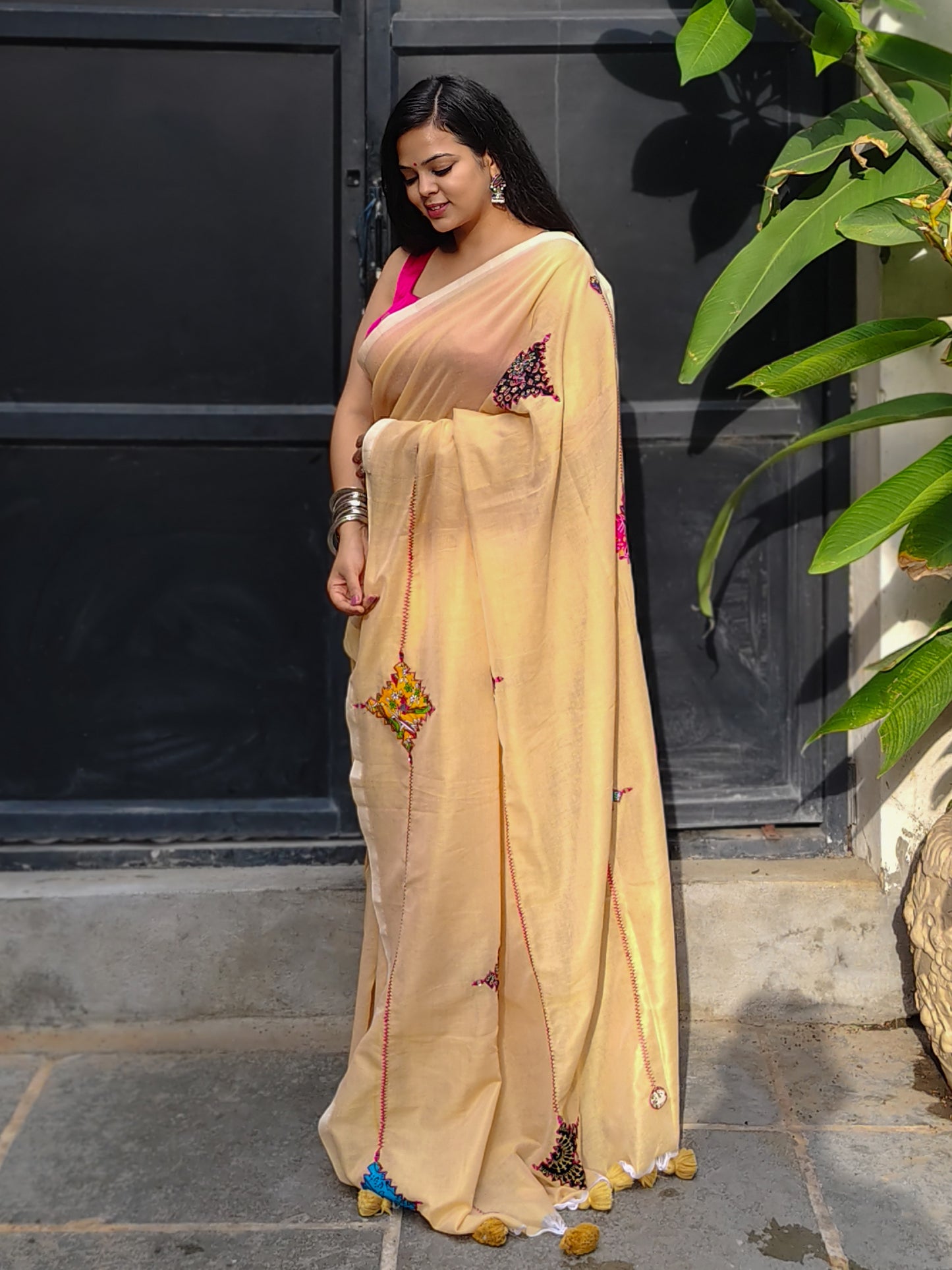 Beige Printed Patchwork Soft Cotton Saree