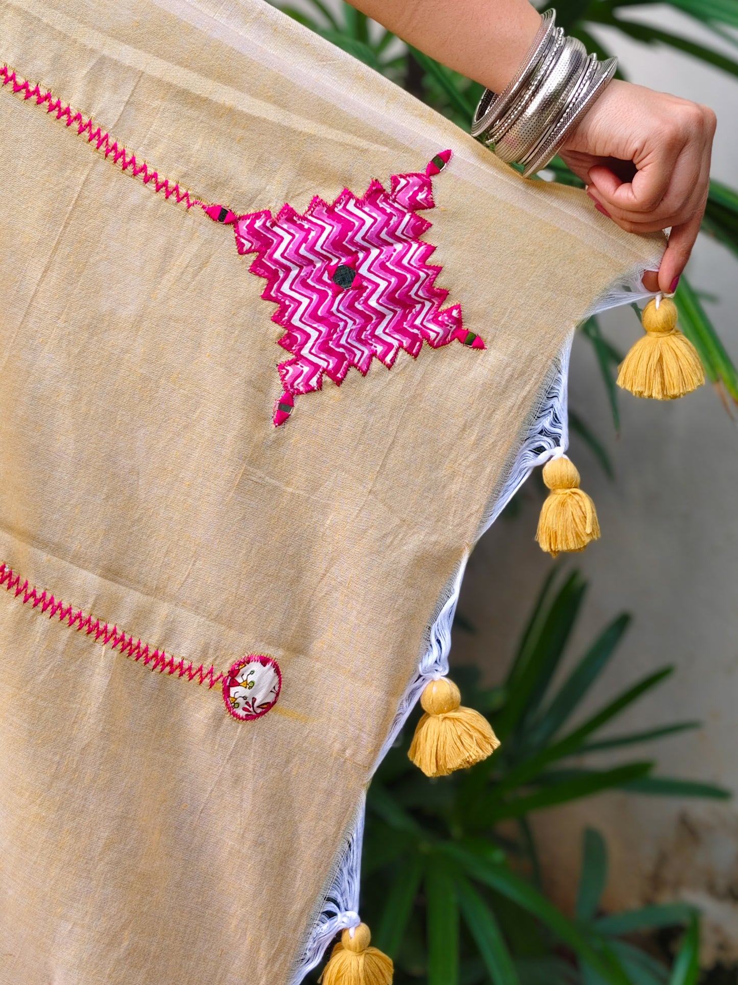Beige Printed Patchwork Soft Cotton Saree