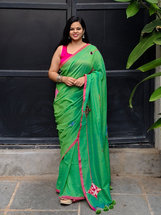 Tota Green Dual Tone Printed Patchwork Soft Cotton Saree