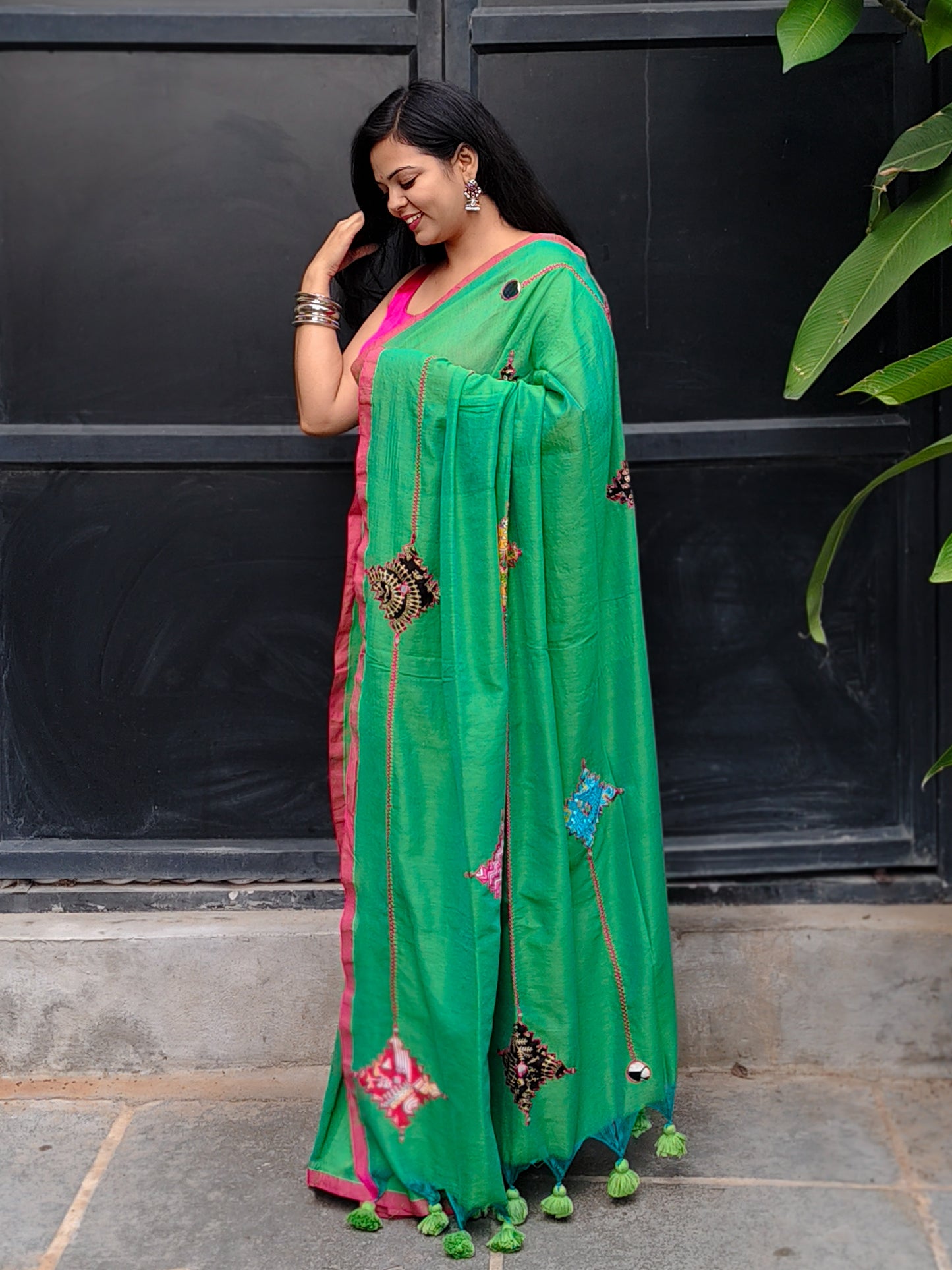 Tota Green Dual Tone Printed Patchwork Soft Cotton Saree