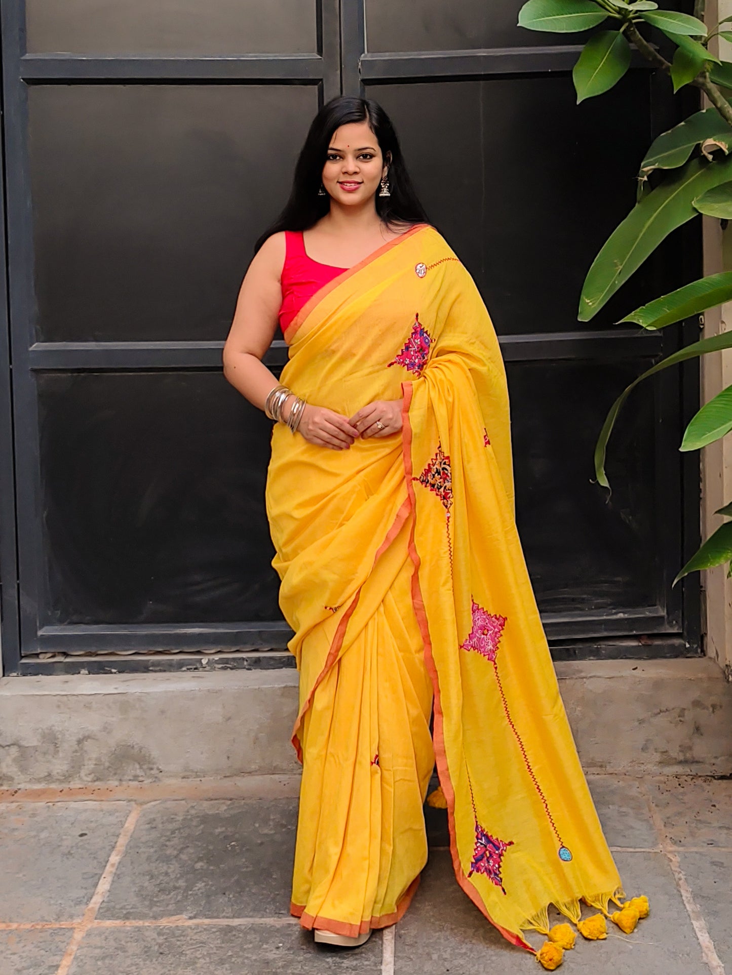 Haldi Yellow Printed Patchwork Soft Cotton Saree