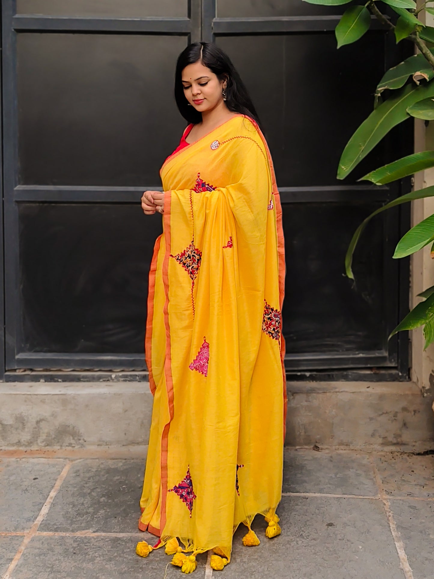 Haldi Yellow Printed Patchwork Soft Cotton Saree