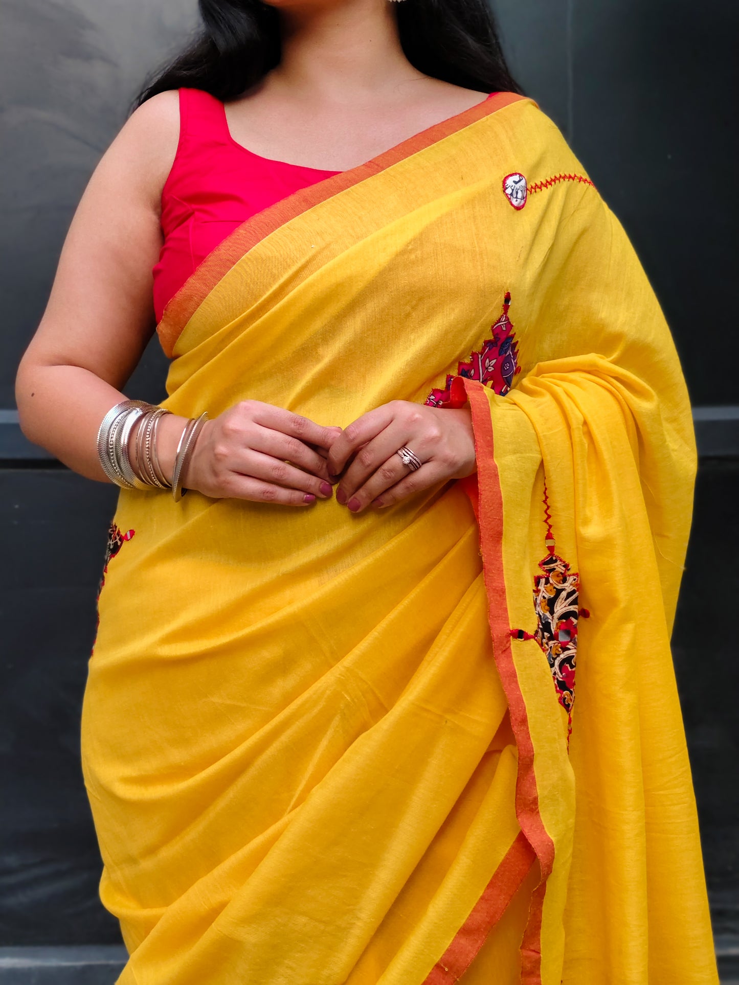 Haldi Yellow Printed Patchwork Soft Cotton Saree
