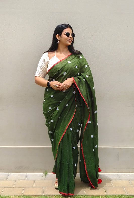 Mehendi Green Heart Embroidered Soft Cotton Saree