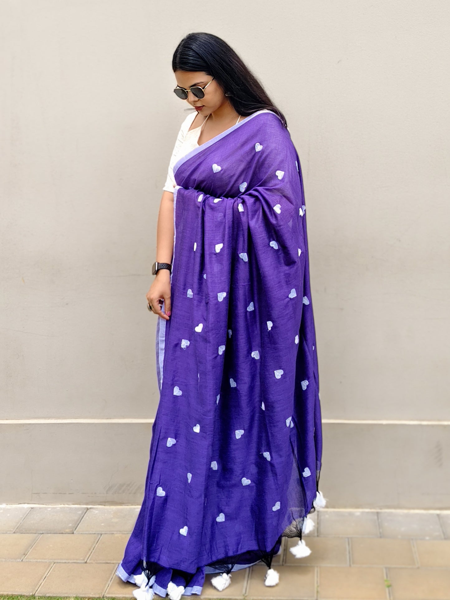 Jamuni Purple Heart Embroidered Soft Cotton Saree