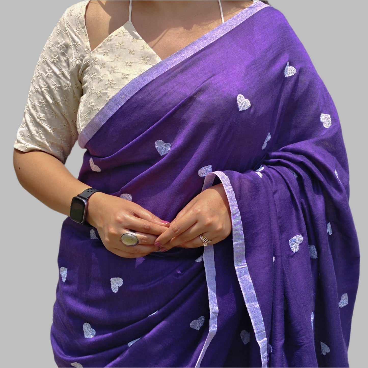 Jamuni Purple Heart Embroidered Soft Cotton Saree