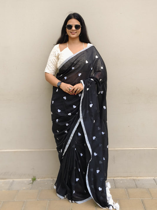 Surkh Black Heart Embroidered Soft Cotton Saree