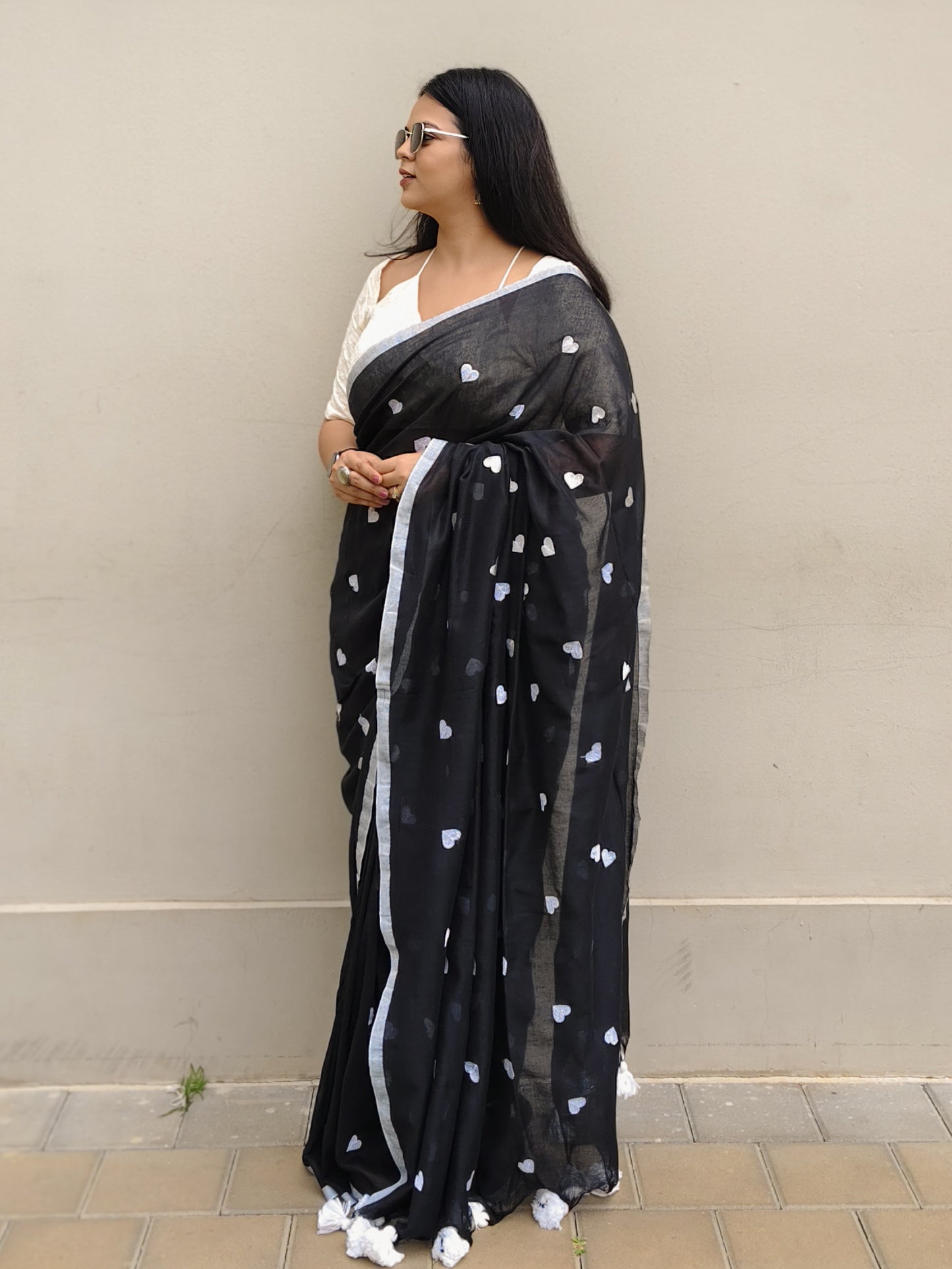 Surkh Black Heart Embroidered Soft Cotton Saree