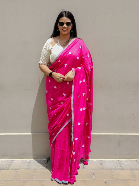 Rani Pink Heart Embroidered Soft Cotton Saree