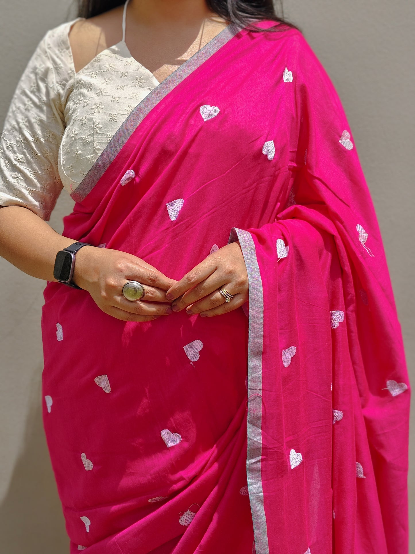Rani Pink Heart Embroidered Soft Cotton Saree