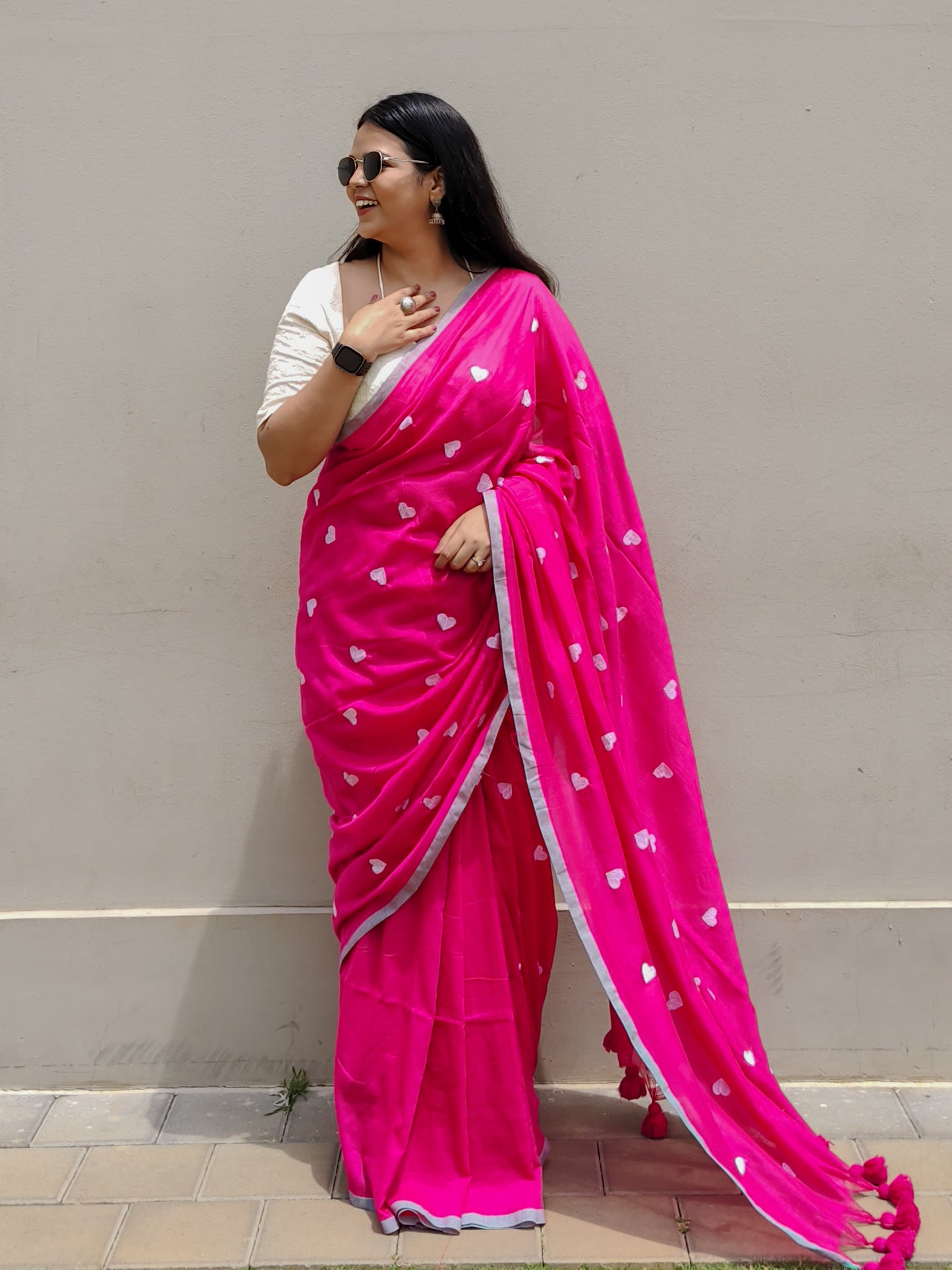 Rani Pink Heart Embroidered Soft Cotton Saree