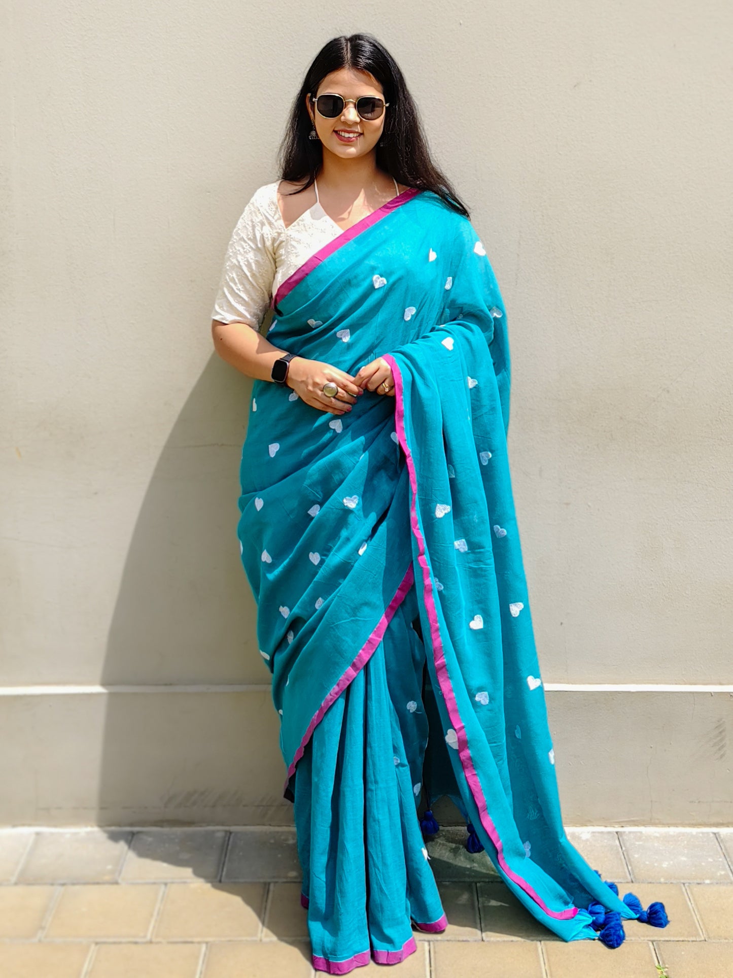Firozi Heart Embroidered Soft Cotton Saree