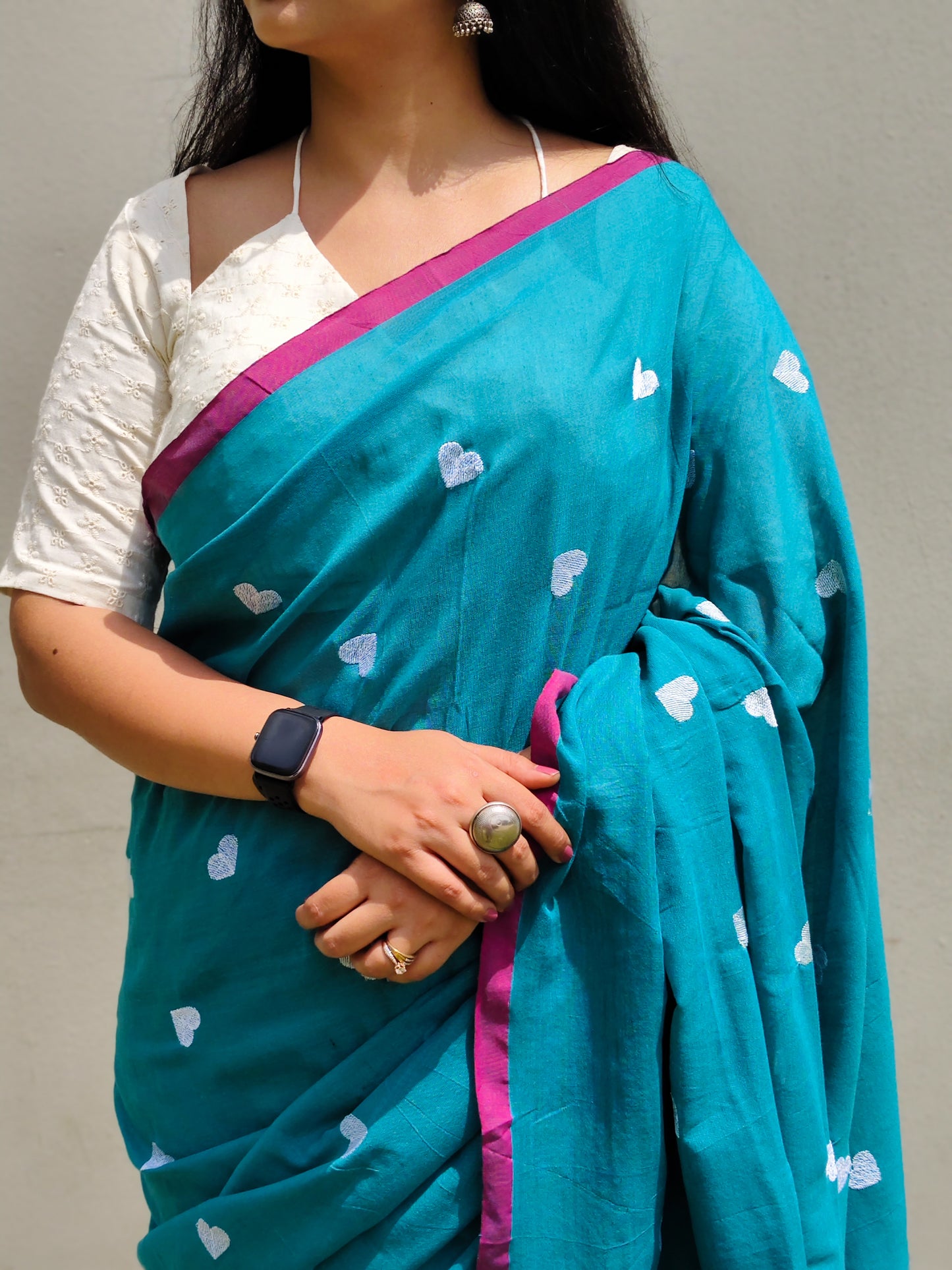 Firozi Heart Embroidered Soft Cotton Saree