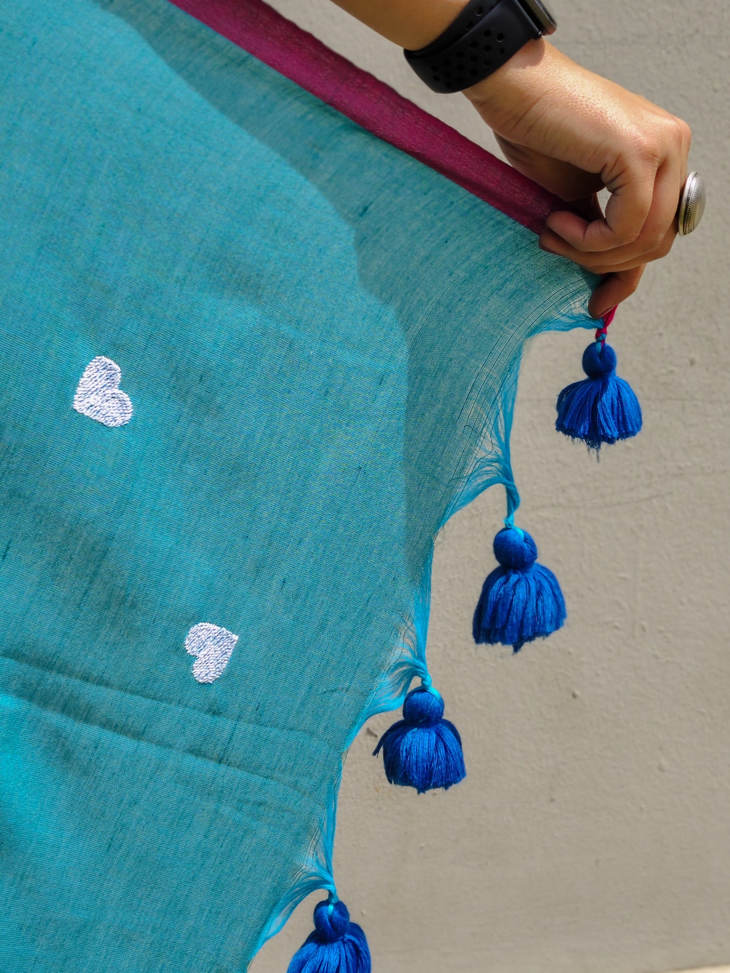 Firozi Heart Embroidered Soft Cotton Saree