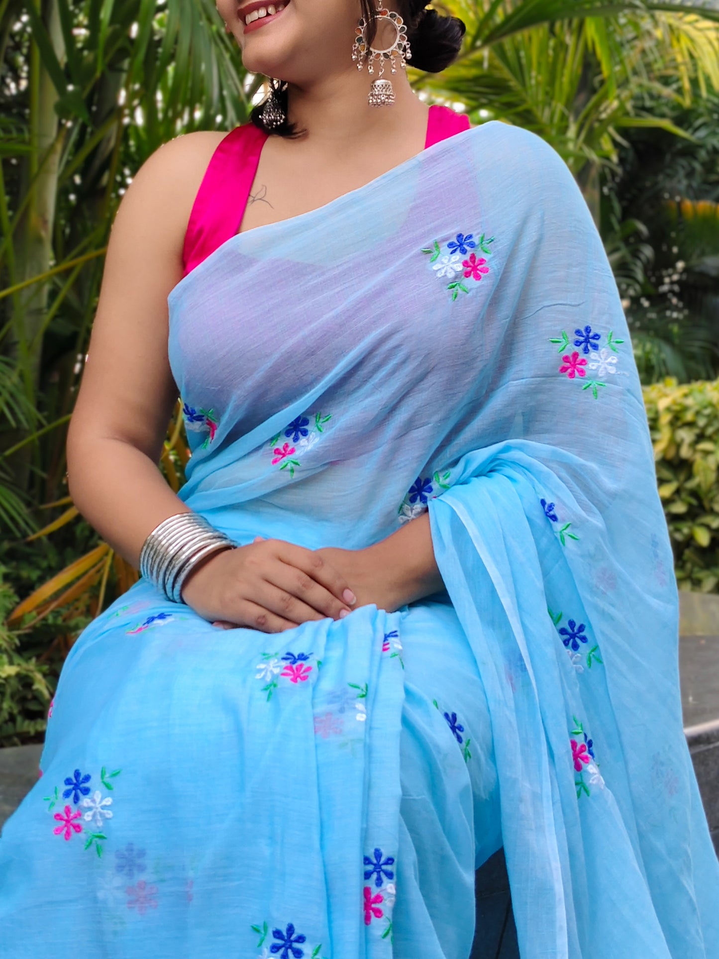Aasmani Floral Embroidered Mulmul Cotton Saree