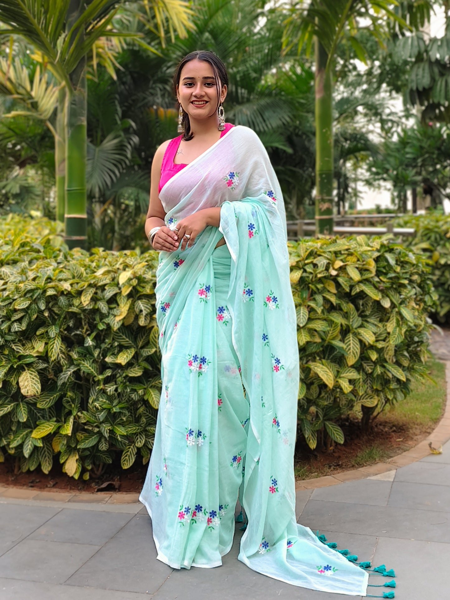 Pista Green Floral Embroidered Mulmul Cotton Saree