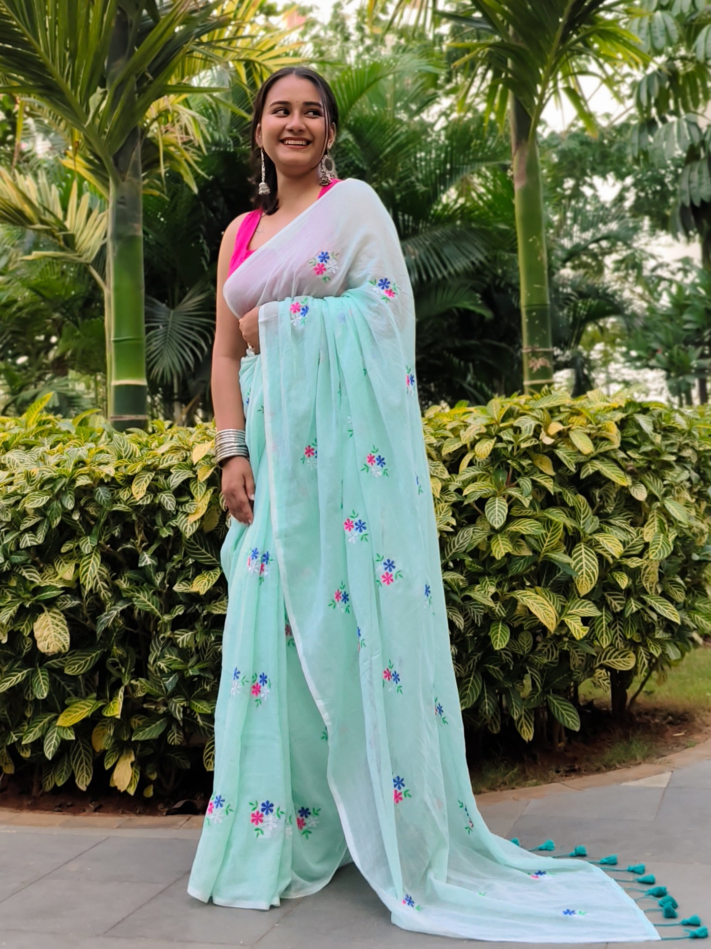 Pista Green Floral Embroidered Mulmul Cotton Saree