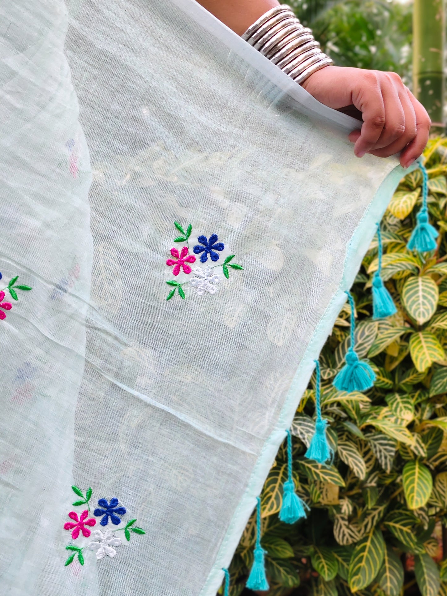 Pista Green Floral Embroidered Mulmul Cotton Saree