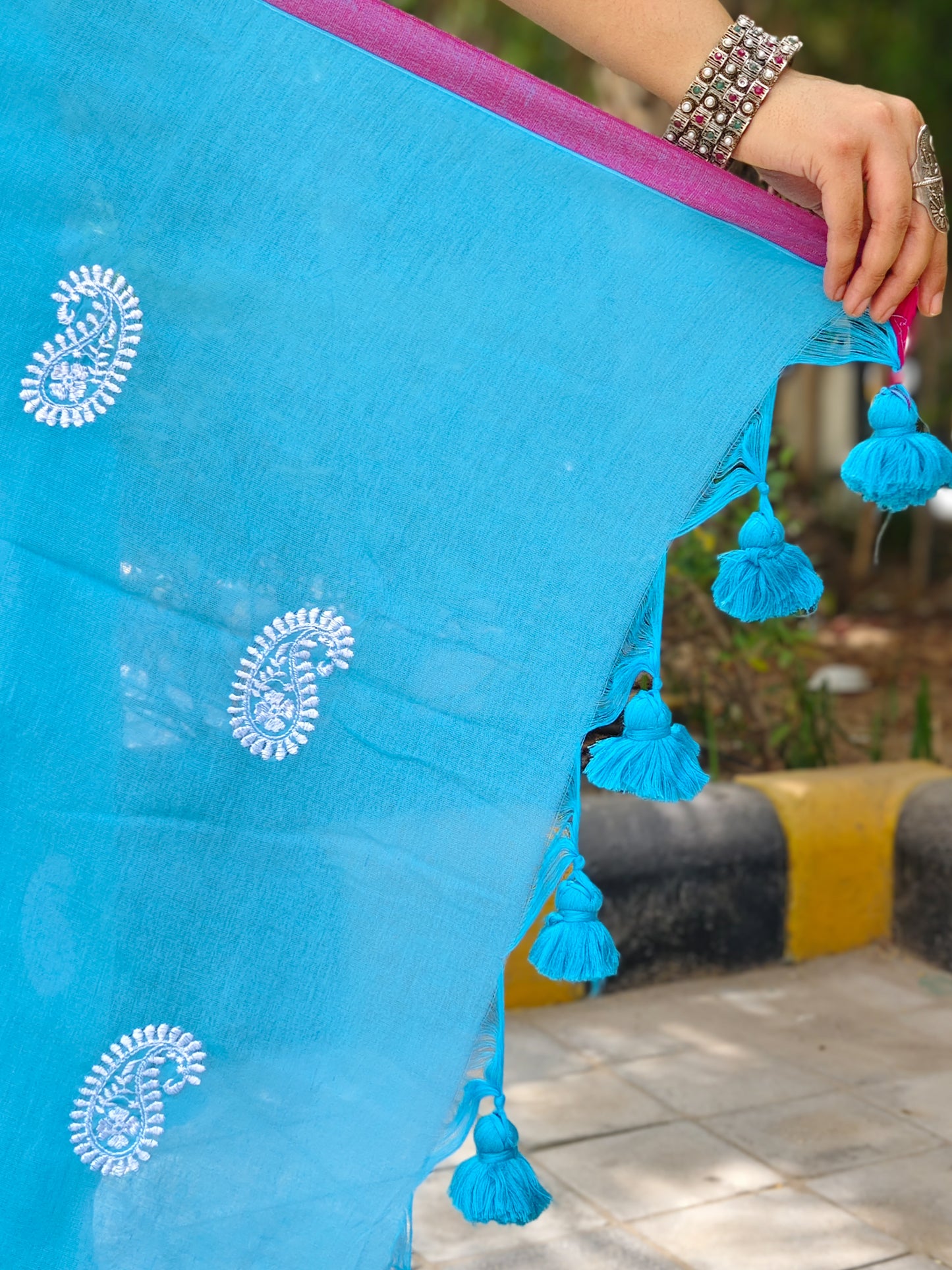 Firozi Ambi Embroidered Soft Cotton Saree