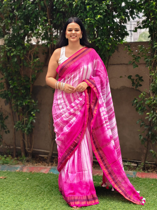 Pink & White Tie Dye Pure Cotton Saree