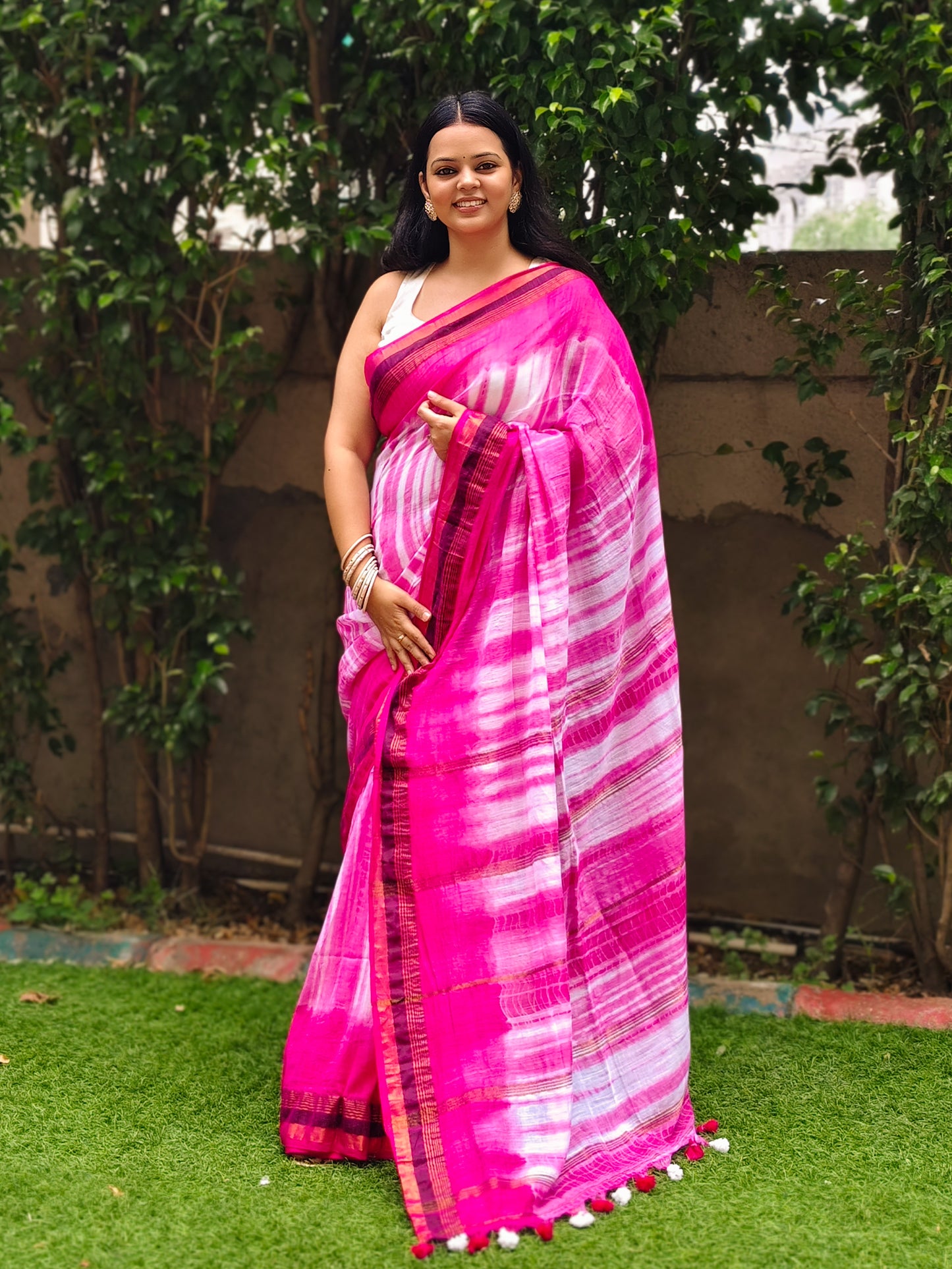 Pink & White Tie Dye Pure Cotton Saree