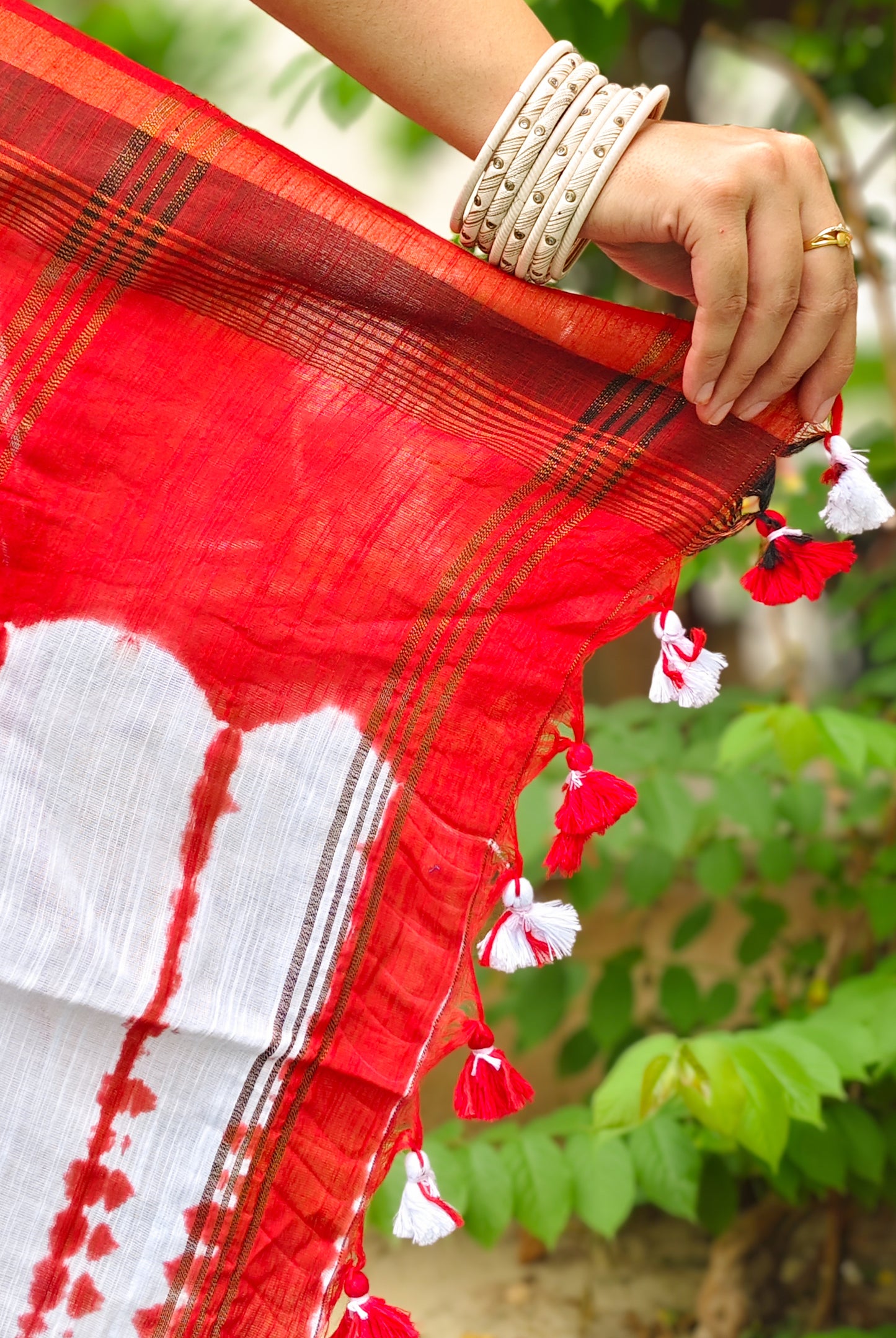 Cherry Red & White Tie Dye Pure Cotton Saree