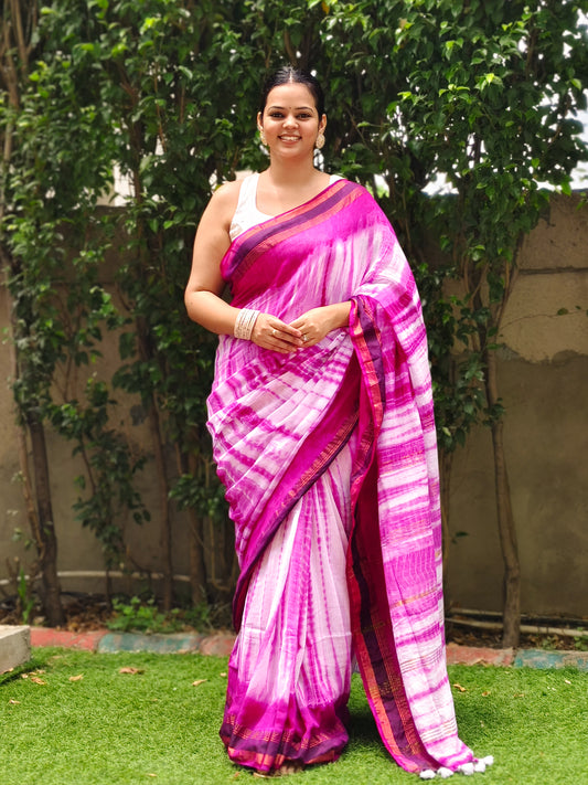 Purple & White Tie Dye Pure Cotton Saree