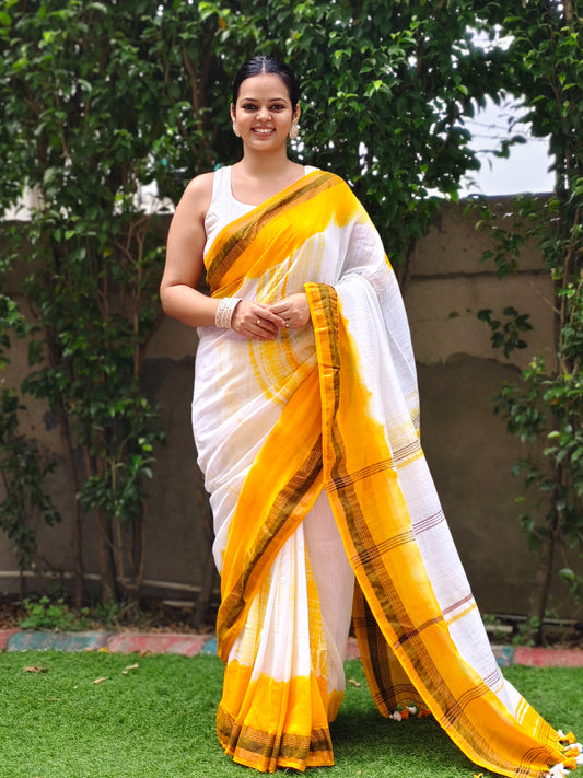 Yellow & White Tie Dye Pure Cotton Saree
