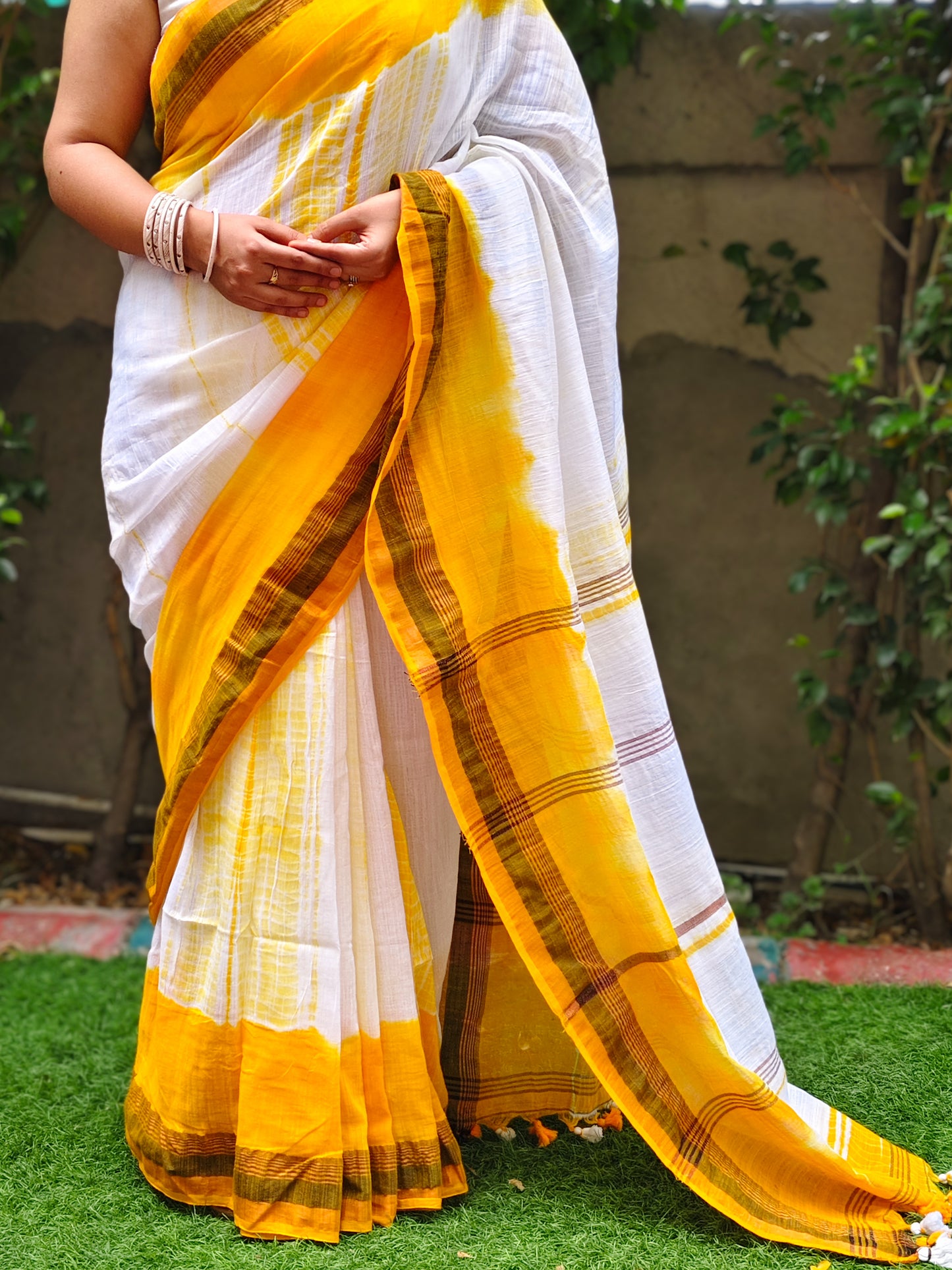 Yellow & White Tie Dye Pure Cotton Saree