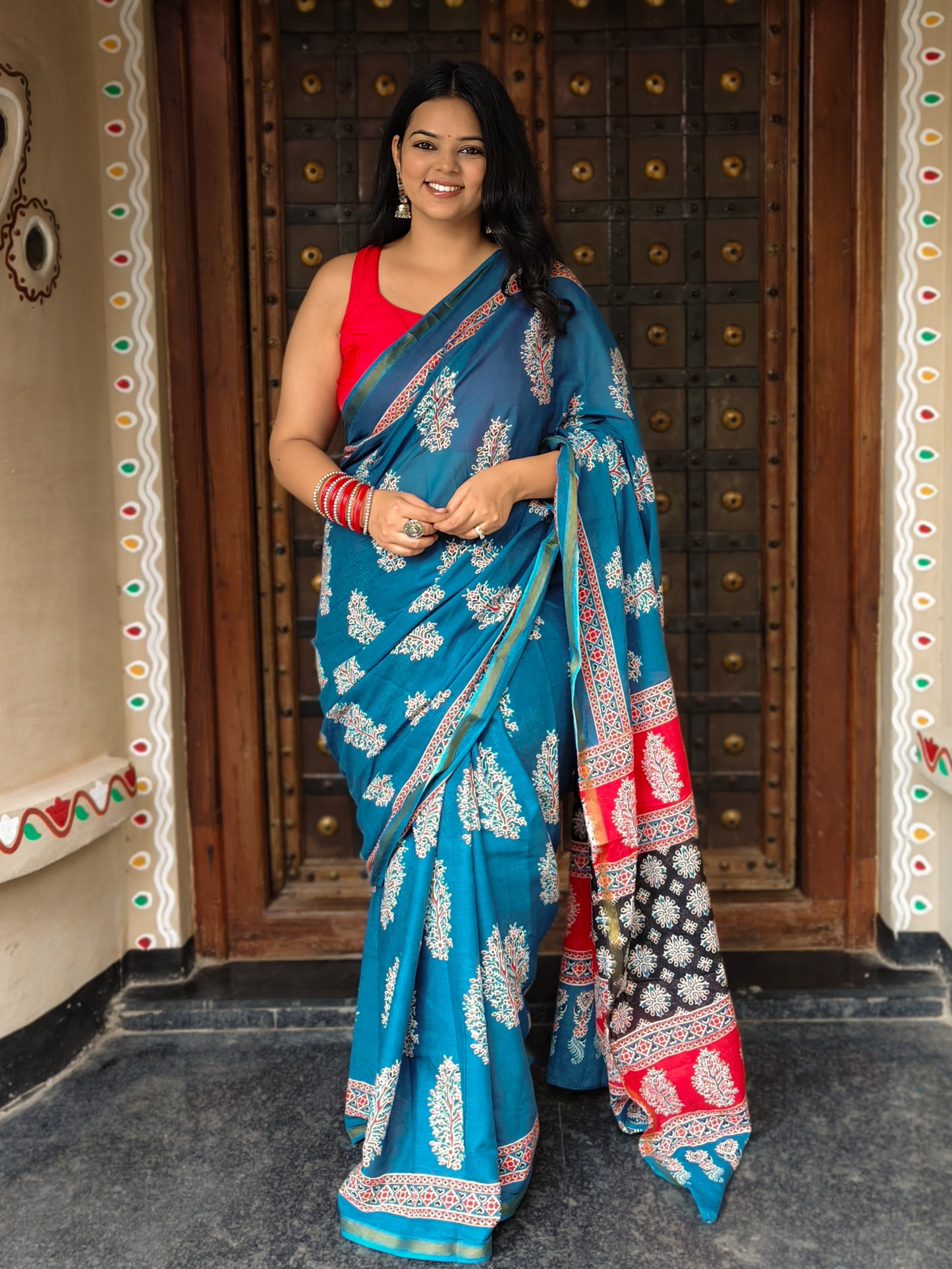 Blue Handblock Printed Chanderi Cotton Saree