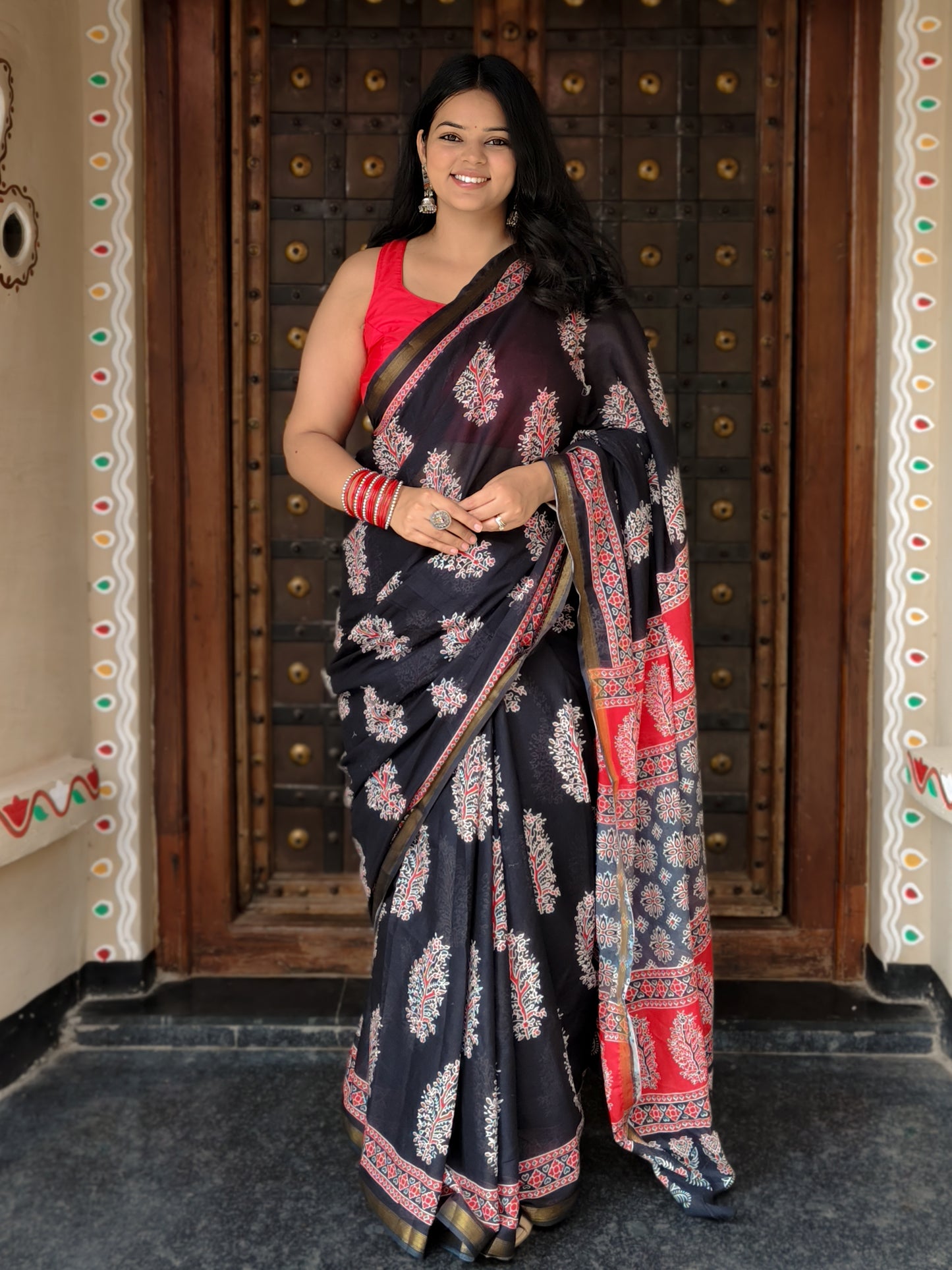 Black Handblock Printed Chanderi Cotton Saree