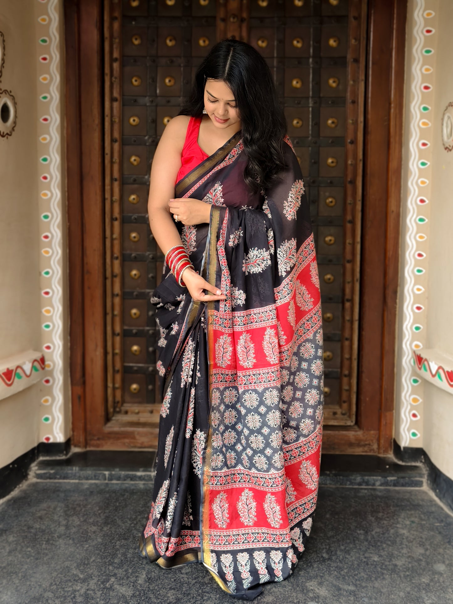Black Handblock Printed Chanderi Cotton Saree