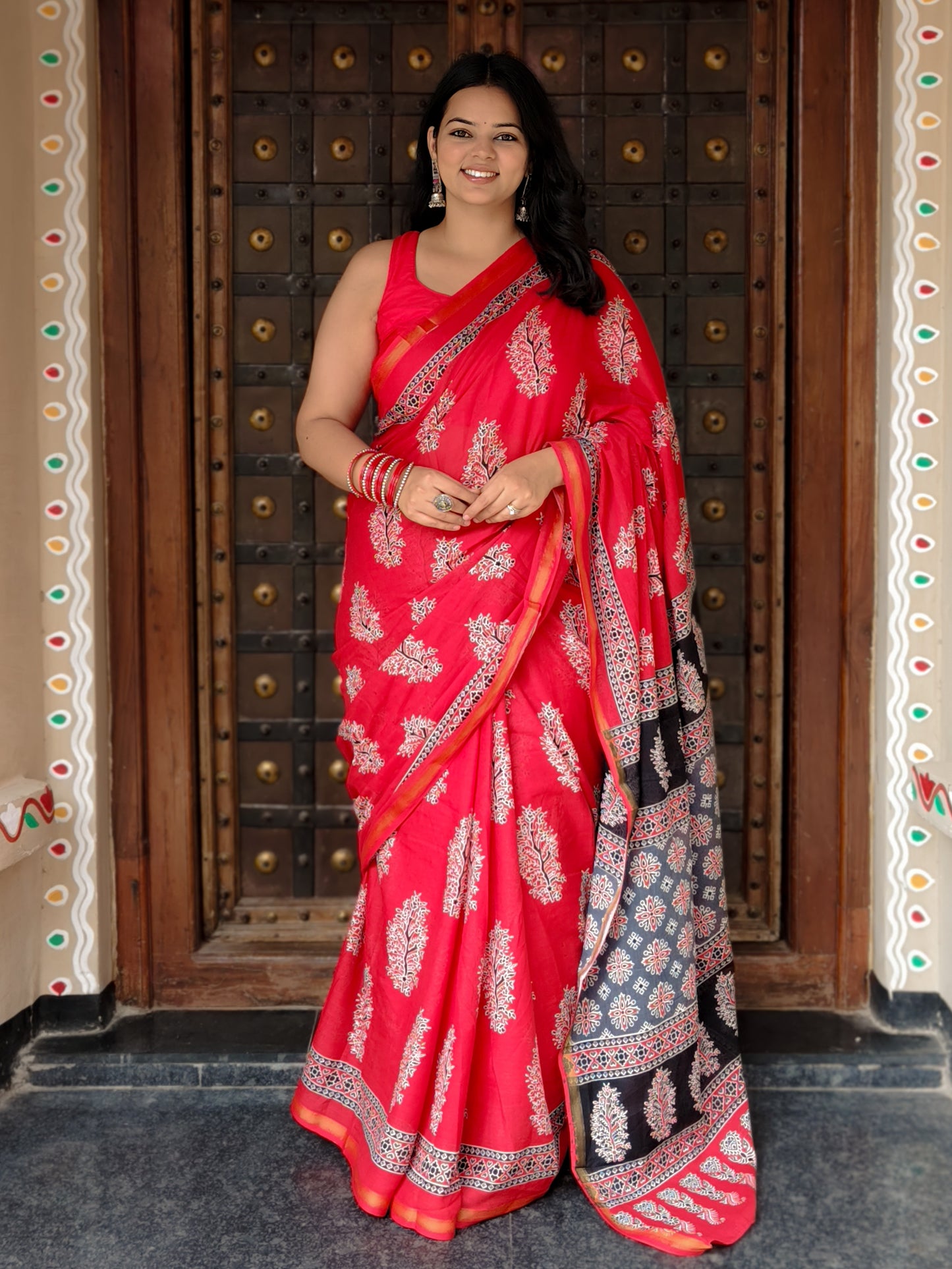 Surkh Red Handblock Printed Chanderi Cotton Saree