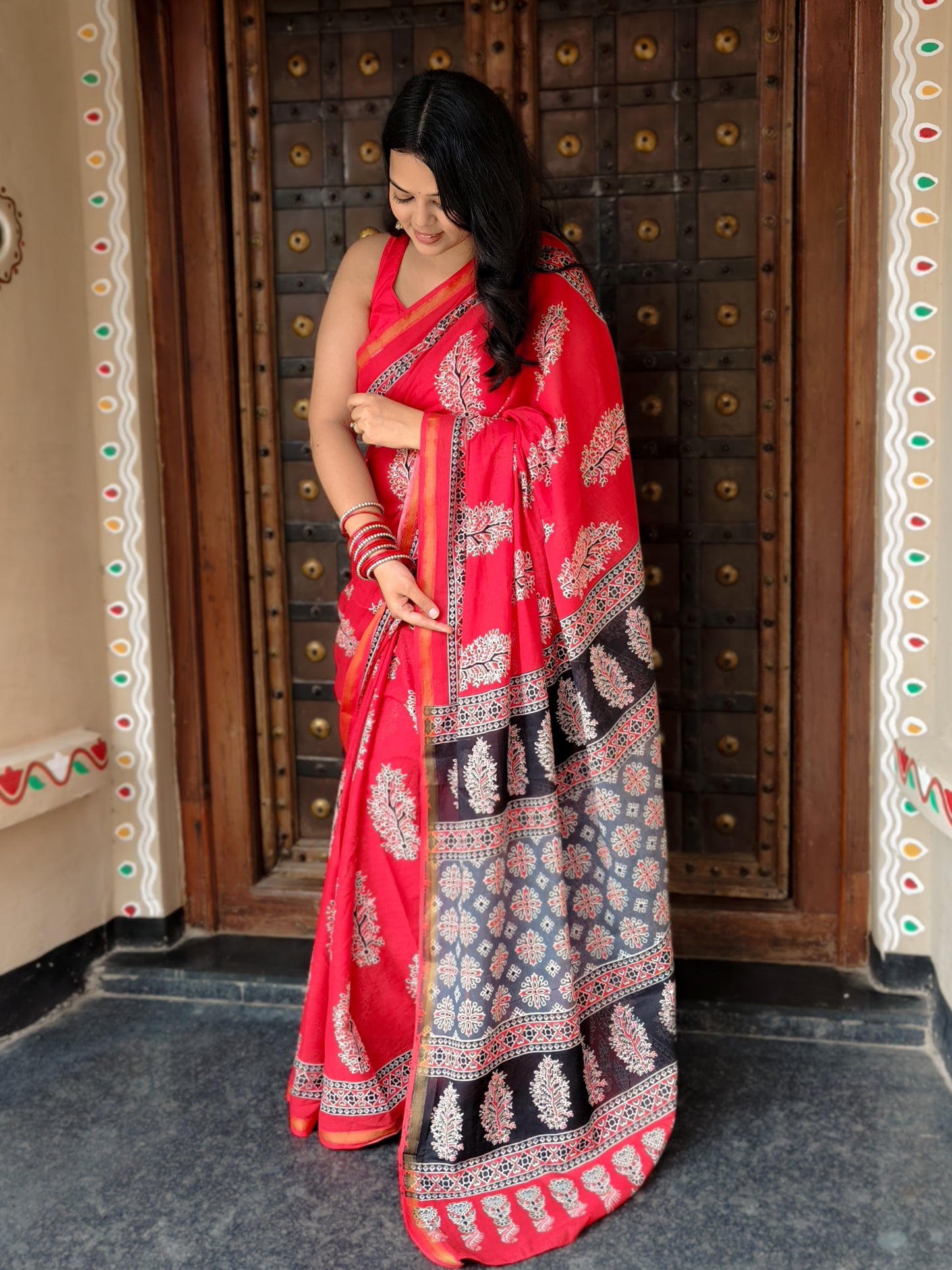 Surkh Red Handblock Printed Chanderi Cotton Saree