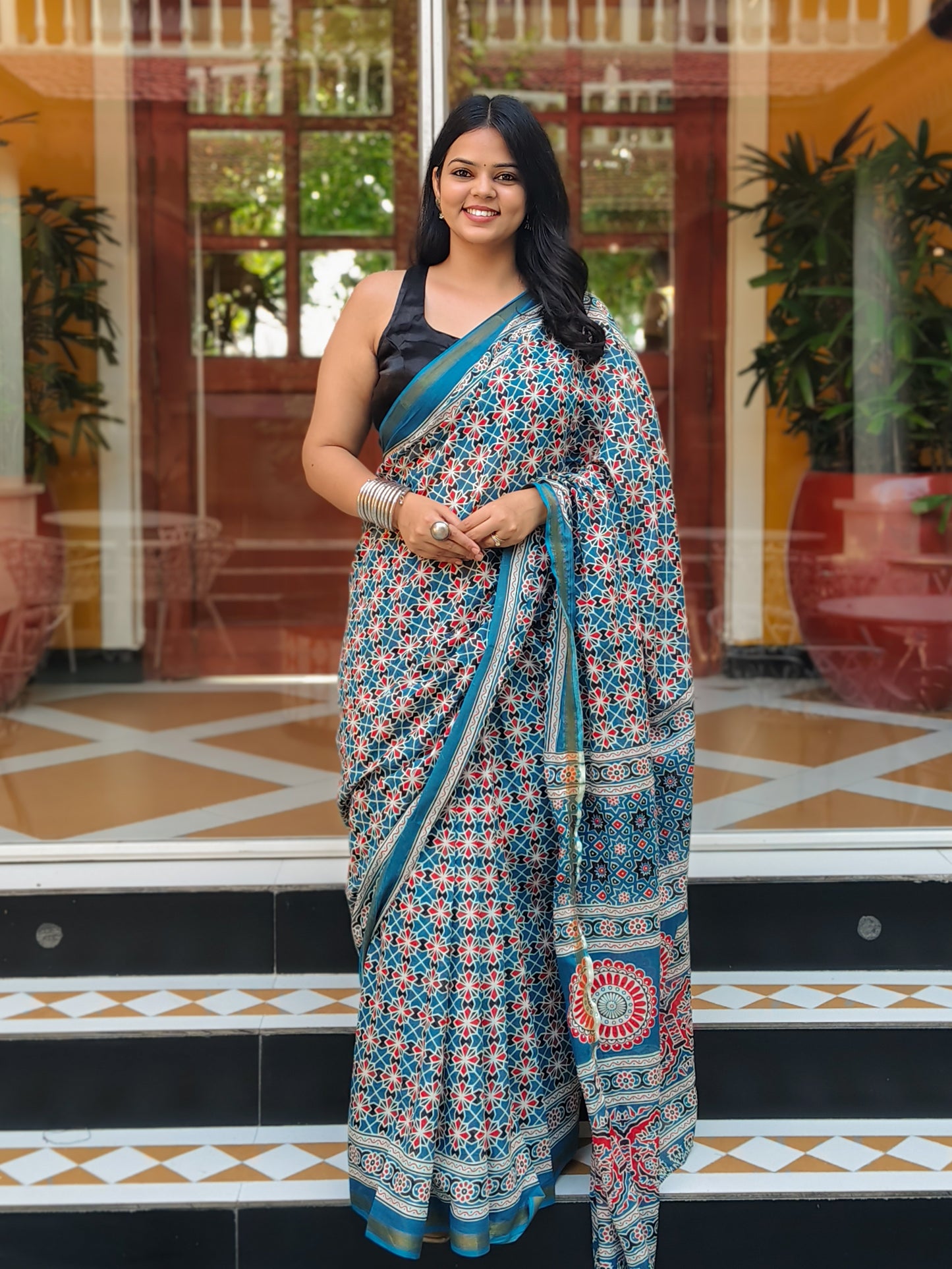 Teal & White Handblock Printed Chanderi Cotton Saree